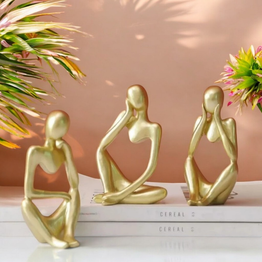 Trio Dupla Estatueta Decorativa - Elegante Escultura Dourada Branca Preta/ Velena Home