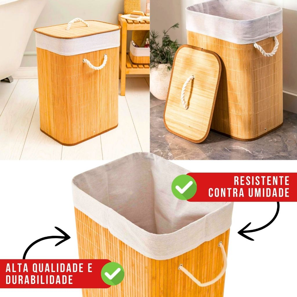 Cesto de Roupa Suja Bambu Natural Grande Com Tampa Alças Retangular Forrado Quarto Banheiro Dobrável