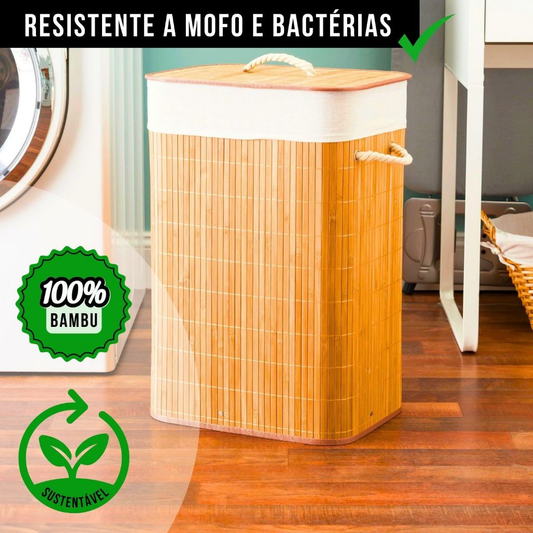 Cesto de Roupa Suja Bambu Natural Grande Com Tampa Alças Retangular Forrado Quarto Banheiro Dobrável