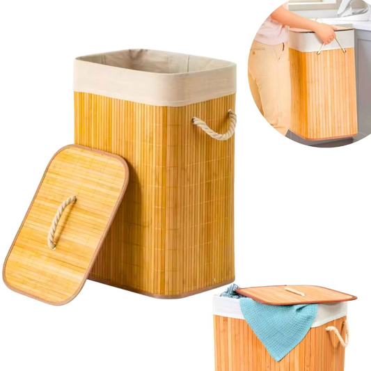 Cesto de Roupa Suja Bambu Natural Grande Com Tampa Alças Retangular Forrado Quarto Banheiro Dobrável