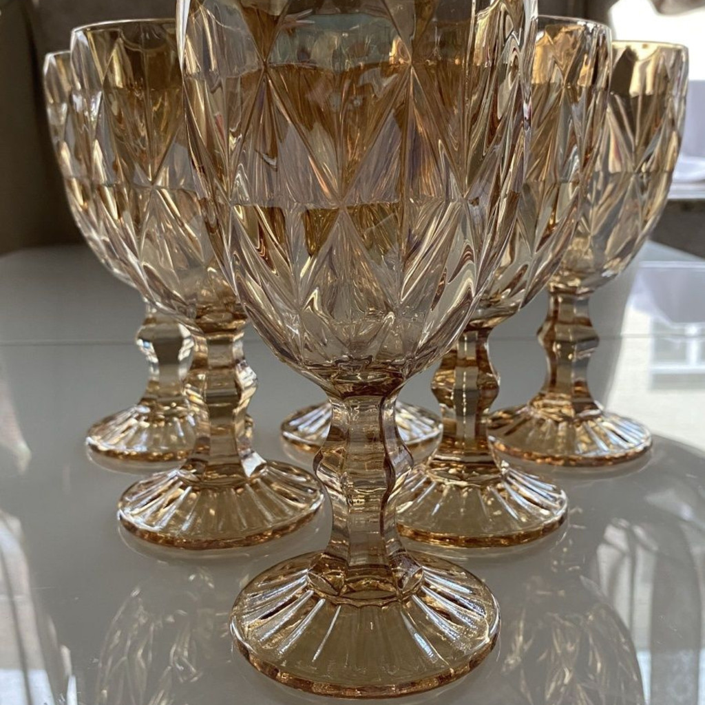 Jogo 6 Taças Diamond Bico De Jaca Dourado Água Vinho 340ml