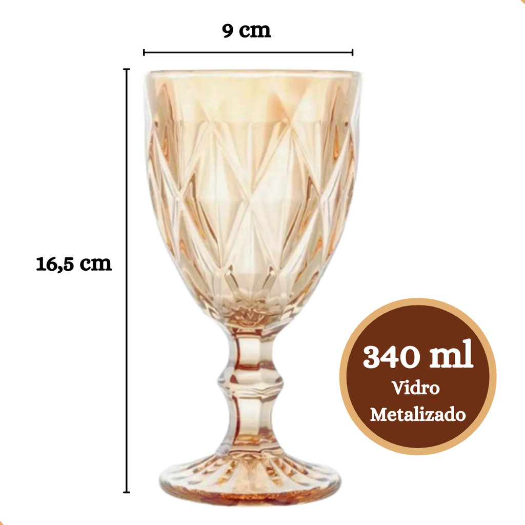 Jogo 6 Taças Diamond Bico De Jaca Dourado Água Vinho 340ml