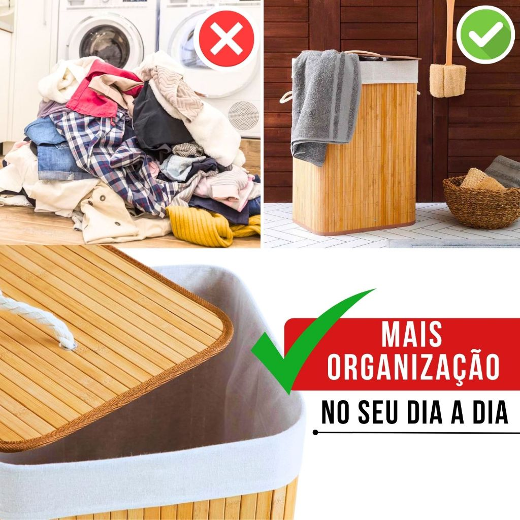 Cesto de Roupa Suja Bambu Natural Grande Com Tampa Alças Retangular Forrado Quarto Banheiro Dobrável