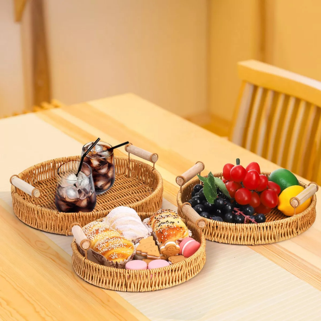 Conjunto 3 Bandejas Cesta Armazenament Pão Chá Cozinha Restaurante Servir Decorativa Casa Cozinha