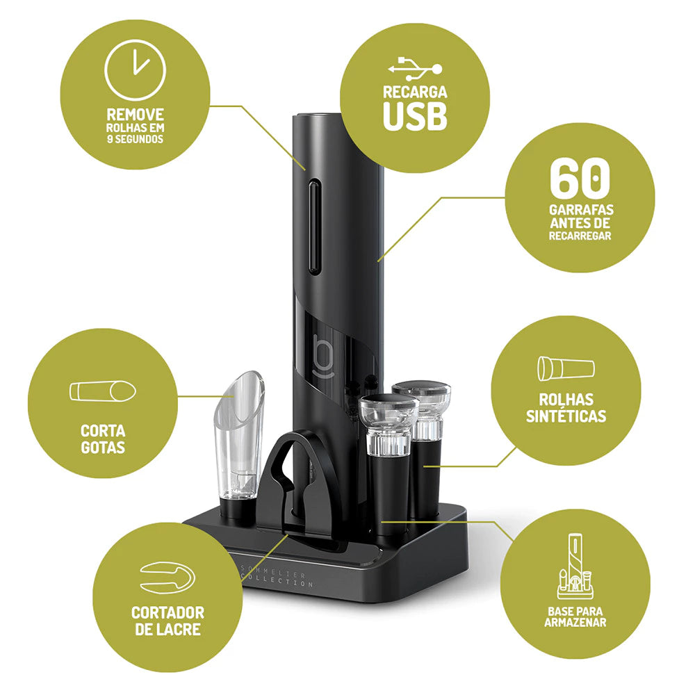 Kit Elétrico Premium para Vinho  4 em 1 – Mais praticidade, elegância e sofisticação para os momentos que merecem um brinde.