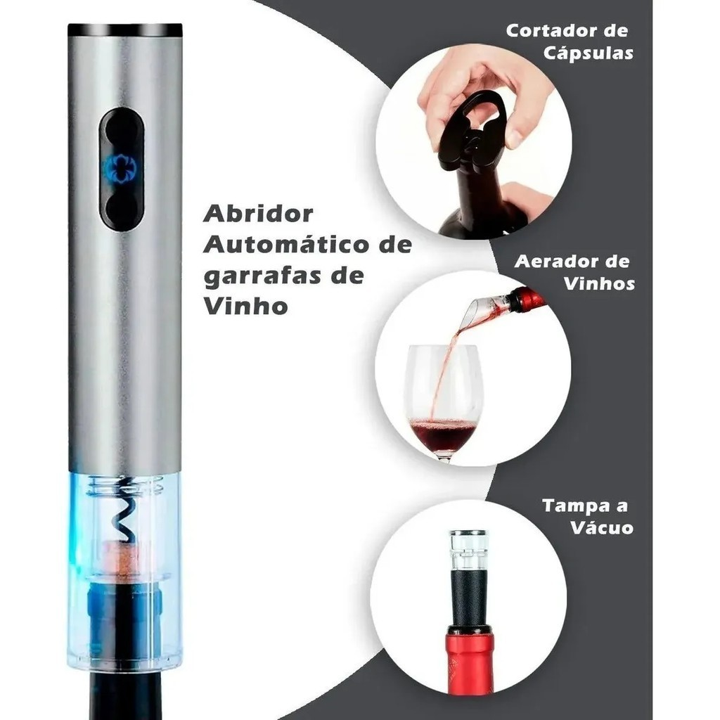 Kit Abridor De Garrafa De Vinho Automático Saca Rolha Elétrico A Pilha Presente para casa